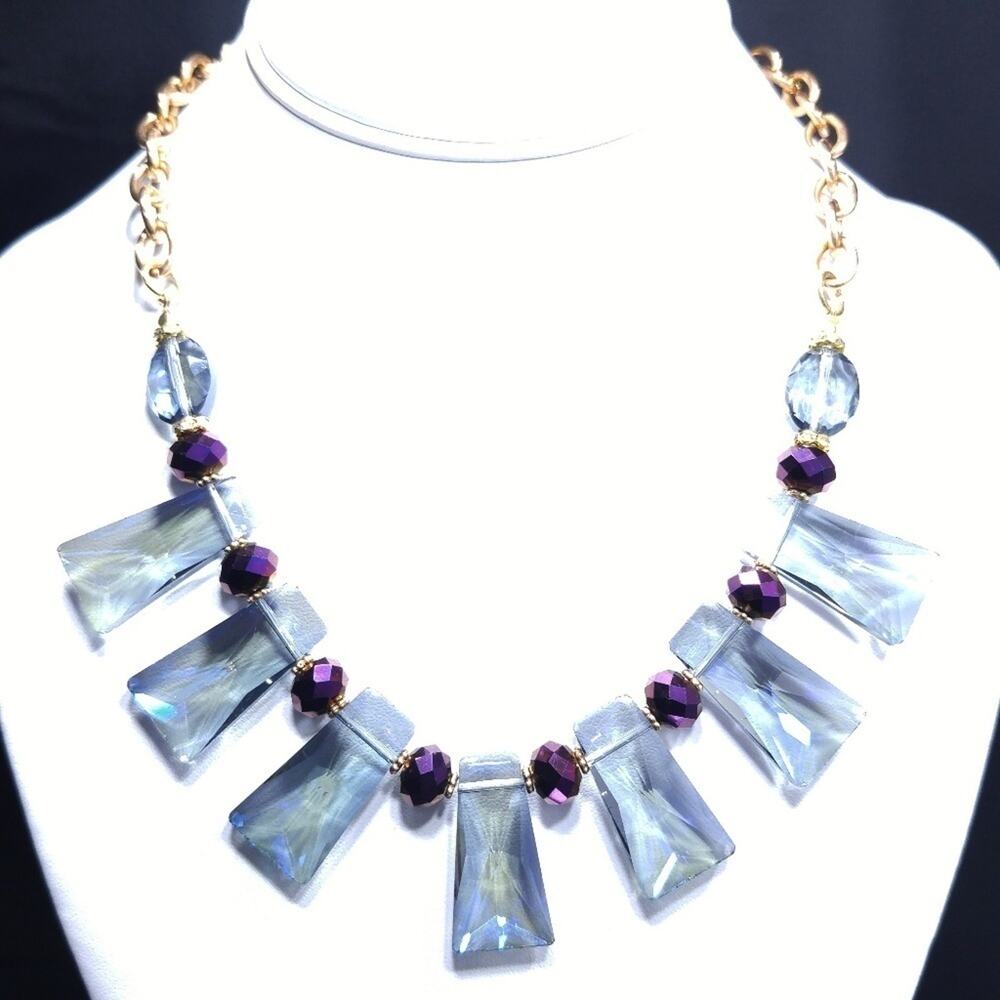 Blue Crystal Choker Necklace, Purple Beads, Gold Tone Chain, 21 Inches